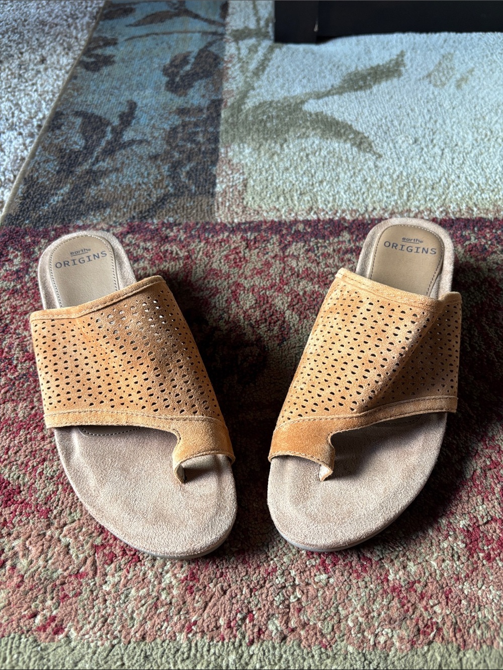 Earth Origins Tan Perforated Suede Slide Sandals - Size 6 1/2